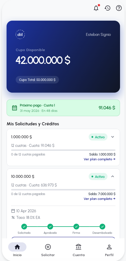 diil employee app — cupo disponible y créditos activos